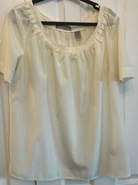 Liz Claiborne Cream Scoop Neck Blouse Ribbon Trim L Cotton Blend